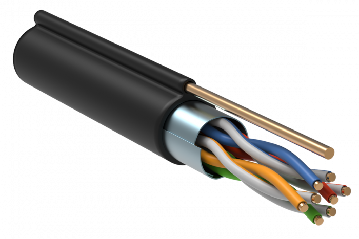LAN F/UTP 4x2x24AWG (0,51 мм) кат.5е (305 м) PE + ТРОС (черный) Пожтехкабель СКС (202-014), Кабель витая пара F/UTP, 4 пары, категория 5e, одножильный (solid), чистая медь (BC), 24 AWG (0,51 мм), экранированный, внешний с тросом, PE,черный, 305 м.