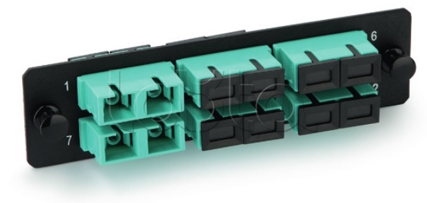 Hyperline FO-FPM-W120H32-12LC-AQ, Панель для FO-19BX с 12 LC адаптерами, 12 волокон, многомодовые OM3/OM4, адаптеры цвета аква Hyperline FO-FPM-W120H32-12LC-AQ