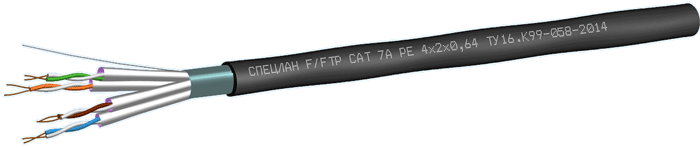Спецкабель LAN F/FTP 4x2x0,57 Cat.6A PE (СПЕЦЛАН F/FTP Cat 6A PE 4x2x0.57), Кабель симметричный, для локальных компьютерных сетей, одиночной прокладки на открытом воздухе LAN F/FTP 4x2x0,57 Cat.6A PE (СПЕЦЛАН F/FTP Cat 6A PE 4x2x0.57) Спецкабель