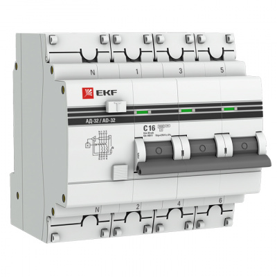 Дифференциальный автомат АД-32 3P+N 16А/30мА (C, AC, электр, защ 270В) 4,5кА EKF PROxima (DA32-16-30-4P-pro)