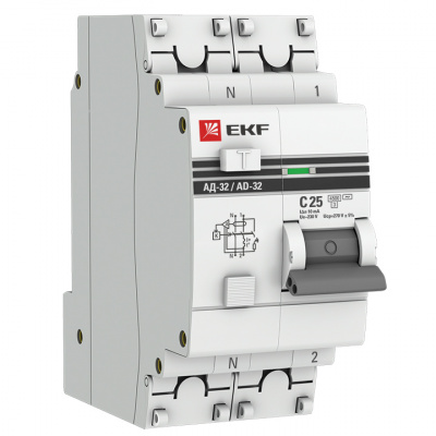 Дифференциальный автомат АД-32 1P+N 25А/10мА (хар. C, AC, электр, защ 270В) 4,5кА EKF PROxima (DA32-25-10-pro)