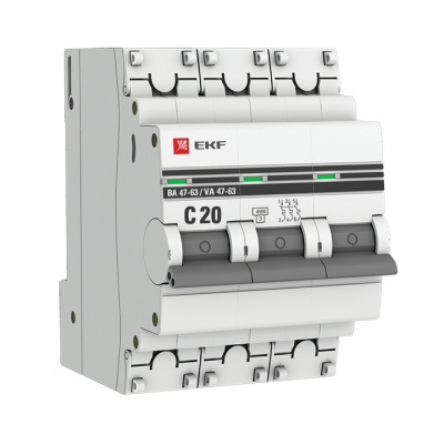 EKF mcb4763-3-20C-pro, Автоматический выключатель 3P 20А (C) 4,5kA ВА 47-63 EKF PROxima (mcb4763-3-20C-pro)