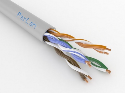 Огнестойкий кабель парной скрутки для СОУЭ, СКС и IP-сетей имеет 2 пары жил диаметром 0,52 мм (24 AWG) с утолщенной изоляцией 1,2 мм ParLan U/UTP Cat5e PVCLS нг(A)-FRLS 2х2х0,52 Паритет (305 м)